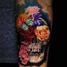 Black And White Feminine Black And White Sugar Skull Tattoo The Black And White Combined With Vibrant Color And The Serious Dimension Of The Skull Skull Tattoo Flowers Flower Skull Sugar Skull Tattoos