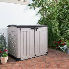 Most of these garden storage plans suggest using recycled materials like the pallet wood, old barn wood or the metal roofs to create the storage racks and sheds. Keter Store It Out Arc Plastic Garden Storage Box Diy At B Q