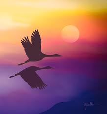 Pull yellow outwards from the edges of the sun toward the edge of the canvas. Sandhill Cranes Sunset Sky Painting By Henry Mueller