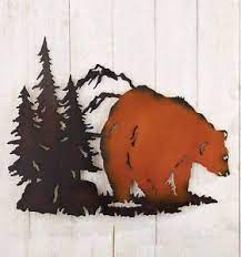 Rustic Lodge Cabin Bear Silhouette Metal Wall Art Decor Pine Trees Mountains New Metal Tree Wall Art Metal Tree Tree Wall Art Diy