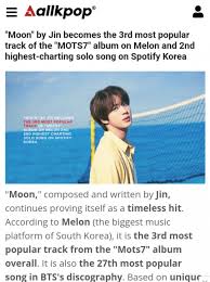 One of the songs on jin's playlist was in the morning by itzy, which dropped recently and another was black mamba by aespa. Bts Jin Moon The Most Popular Song On Mots7 Album Bts News