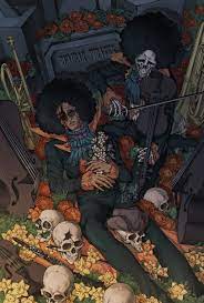 toboldlymuppet, brook (one piece), one piece, commentary, english  commentary, highres, 2boys, afro, artist name, ascot, big hair, black hair,  blood, blood on clothes, blood on face, closed eyes, corpse, crying, death,  dual