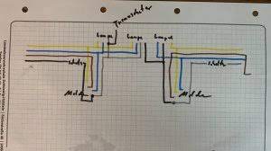 Braun für die phase, blau für neutral und rot als ausgang, der dann zur lampe geht. 3 Lampen 2 Bewegungsmelder Und 2 Schalter