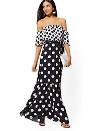 Black And White Polka Dot Dress Off The Shoulder Black White Dot Print Off The Shoulder Maxi Dress New York Company In 2020 Maxi Dress Black Women Fashion Fashion
