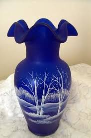 Fenton Satin Blue Cobalt Vase Moonlight Wonders Hp Winter Woods Scene 11 Glass Painting Blue Glass Painted Vases