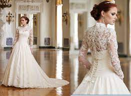 Wholesale Wd1424 2014 Popular High Neck Closed Back High Waist Drapped Skirt Very Modest Lace Wedding Dresses Wedding Dress Long Sleeve Wedding Dresses Corset