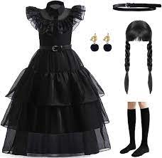 Amazon.com: Wednesday Addams Dress Kids Merlina Girls Halloween Costume  with Gloves Belt and Socks, Addams Family Cosplay Party Dress : Clothing,  Shoes & Jewelry