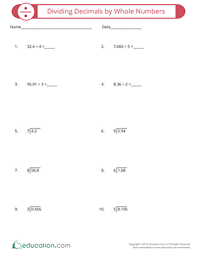 The first section provides questions in horizontal format; Dividing Decimals By Whole Numbers Worksheet Education Com