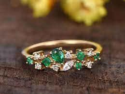 Solid 14k Yellow Gold Emerald Engagement Ring Diamond Wedding Band Stackable Prom Diamond Wedding Bands Stackable Diamond Wedding Bands Emerald Engagement Ring