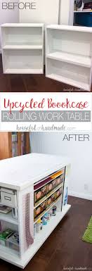 The tutorial includes plans for the pegboard storage, the cubby wall storage, and the shelving. Upcycled Bookcase Rolling Work Table Craft Room Tables Craft Room Storage Craft Room Design