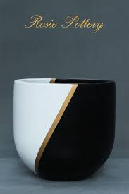 Black And Gold Design For Pots Hand Painted Cement Planter At Rosiepottery Painted Pots Diy Plant Pot Diy Plant Pot Design
