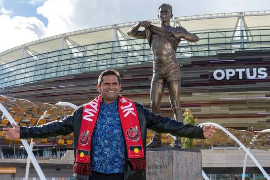 Nicky Winmar after the unveiling of the Nicky Winmar statue at Optus Stadium on 6 July 2019 in Perth, Australia | Australia's Defining Moments Digital Classroom | National Museum of Australia