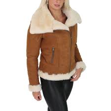 Super Luxurious Womens Real Sheepskin Jacket Aviator Coat Alexa Tan Leather Jackets Women Sheepskin Jacket Leather Jacket