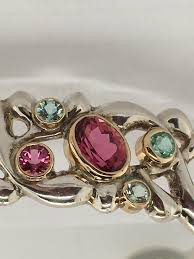 PATRICIA DAUNIS Pink Tourmaline & Green Beryl Sterling & 18k Gold Cuff  Bracelet