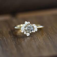 0 65ct Round Salt And Pepper Diamond Asymmetrical Cluster Ring In 14k Yellow Gold Eclectic Engagement Rings Asymmetrical Engagement Ring Grey Diamond Ring