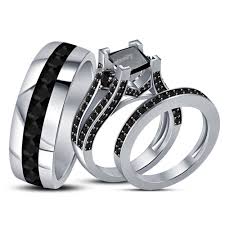 Bride Groom Trio Ring Set Princess Black Diamond 14k White Gold Wedding Bridal Sil Wedding Ring Trio Sets Diamond Wedding Rings Women Wedding Ring Bands Set