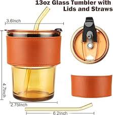 NEOCRATES Brown Glass Tumbler with Straw and Lid - Sealed Carry On, Leaghter Glass Iced Coffee Cup, Reusable Smoothie Mug for Cold & Hot Drinks, Coffee, Tea, Milk, Juice, Shake (350 ml) :