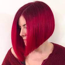 Blunt Cherry Red Angled Bob Angled Bob Haircuts Thick Hair Styles Angled Bob Hairstyles