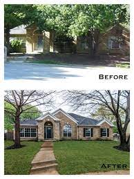 Modern Ranch Style Home Brick Ranch One Story Home Renovation Remodel Black Shutters White Trim Tan Brick Ranch Style Homes Ranch Style Garage Door Trim