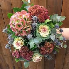 Autumn Rusty Pinks Hydrangea Thistle Brassica Eucalyptus Flowers Freshflowers Seasonalflowers Autumnp Seasonal Flowers Flower Arrangements Fall Floral