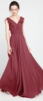 Ruffled V Neck Chiffon Long Bridesmaid Dress Tbqp387 Bridesmaid Dresses Dusty Rose Dress Dresses