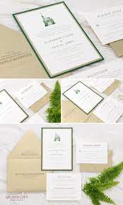 Church Illustration Wedding Invitation In Ivory Gold Leaf Forest Green Fourth Presbyterian Green Wedding Invitations Forest Green Wedding Green Invitations