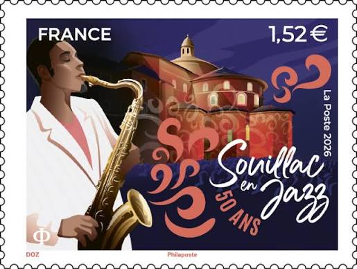 🆕Le 20 juillet 2026, La Poste émet un #timbre célébrant les 50 ans du festival de jazz à Souillac dans le département du Lot. Une encre rouge fluo est apposée sur les