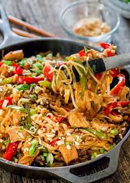 Recipes with clear thai noodles and chicken. Spicy Thai Chicken And Veggie Noodles Jo Cooks