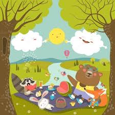 Cartoon Bird On Tree Drawing Animals At Picnic In Forest Forest Cartoon Cartoon Drawings Sun Illustration