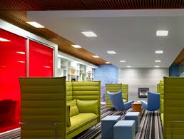 What A Nice Progressive Place To Work Great Collaboration Space I Like The Ceiling As A Floating Plane And Office Interior Design Interior Architecture Corporate Office Design