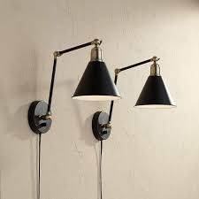 Wray Black And Antique Brass Plug In Wall Lamp Set Of 2 9j684 Lamps Plus