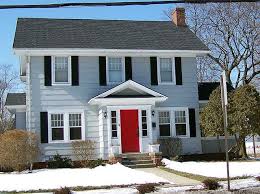 White house blue shutters red door. Gray House Red Door Red Door House House Exterior Blue Gray House Exterior