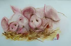 Happy Satisfied Snoring Pigs Painting Pig Painting Pig Illustration Pig Art