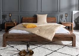 Elegant bed made of red sheesham wood. Bett Modern Aus Sheesham Palisander Holz Geolt Grau