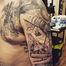 Cool Black And Grey Map Half Sleeve And Chest Tattoo I Did In 2021 Cool Chest Tattoos Sleeve Tattoos Chest Tattoo