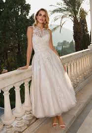 Vintage tea length lace satin beach wedding dress bridal gown with crystals sash. Tea Length Wedding Dresses The Knot