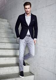 Black Blazer With Blue Jeans Men Men S Navy Blazer Grey Long Sleeve Shirt Grey Jeans Black Low Top Sneakers Mens Outfits Grey Long Sleeve Shirt Classy Men