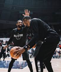 Kevindurant Of Team Lebron Talks With Teammates During The 2019 Nba Allstar Practice Media Day Presented By Att On February 16 2019 At Bojangles