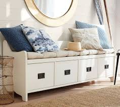 Hallway, banquette, hanger, hung, clothes, basket, pillow. Wade Entryway Bench Pottery Barn