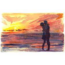 Sunrise Watercolor Original Painting Beach Wall Decor Seascape Ocean Seaside Romantic Kiss Valentine Gift Ideas Painting Sunrise Watercolor Sunrise Drawing