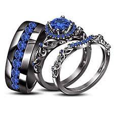 Silvernshine Jewels Vintage Style His And Hers Trio Wedding Ring Set 1 45 Ct Sapphire 14k B Wedding Ring Trio Sets Black Gold Jewelry Engagement Rings Sapphire