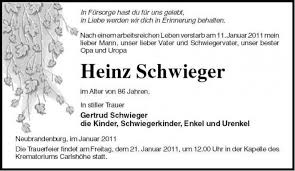 Heinz Schwieger-Die Trauerfeie | Nordkurier Anzeigen