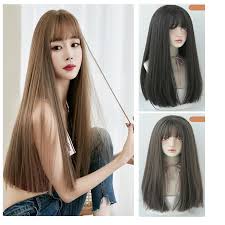 Human hair wig long kinky straight natural wave bob asymmetrical neat bang with bangs black life easy dressing comfortable capless women's all natural black 24 inch / natural hairline. Spot Multicolor Wig Female Long Hair Full Hood Black Long Straight Hair Natural Air Bangs Whole Hair Realistic Wig Shopee Philippines