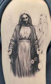 Black and grey praying virgin mary tattoo design. 75 Inspiring Virgin Mary Tattoos Ideas Meaning Tattoo Me Now