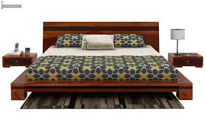 Melisandre Low Floor Double Bed Queen Size Honey Finish 3 Bedroom Bed Design Double Bed Designs Bed Design