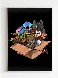 Cute Kawaii Yoda Groot Stitch Toothless Mogwai Poster In 2021 Stitch And Pikachu Toothless And Stitch Yoda Wallpaper