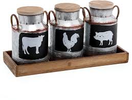 Get it as soon as thu, jul 22. Amazon Com Barnyard Designs Decorative Galvanized Metal Jars With Rustic Handles Wood Lids And Tray Vintage Farmhouse Primitive Country Home Decor Jugs With Farm Animal Designs Set Of 3 Home Kitchen