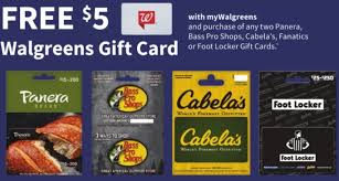 Order online tickets tickets see availability directions {{::location.tagline.value.text}}. Walgreens Buy 2x Select Gift Cards Get 5 Walgreens Gift Card Panera Bass Pro Shops Cabela S Foot Locker Gc Galore