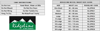 Ridgeline Recoil Pants Care Instructions Size Chart New