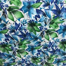 Flowers make the world a more beautiful place. Polyester Crepe De Chin Print Fabric Floral Blue Green Flowers White Background 140cm Wide Bodikian Textiles
